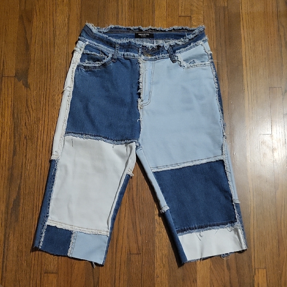 American Bazi Asymmetrical Blue Patchwork Cropped Jeans